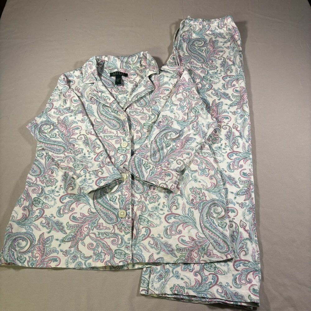Lauren Ralph Lauren Paisley Pajama Set Blue Pink Cotton Womens M Lounge Sleep
